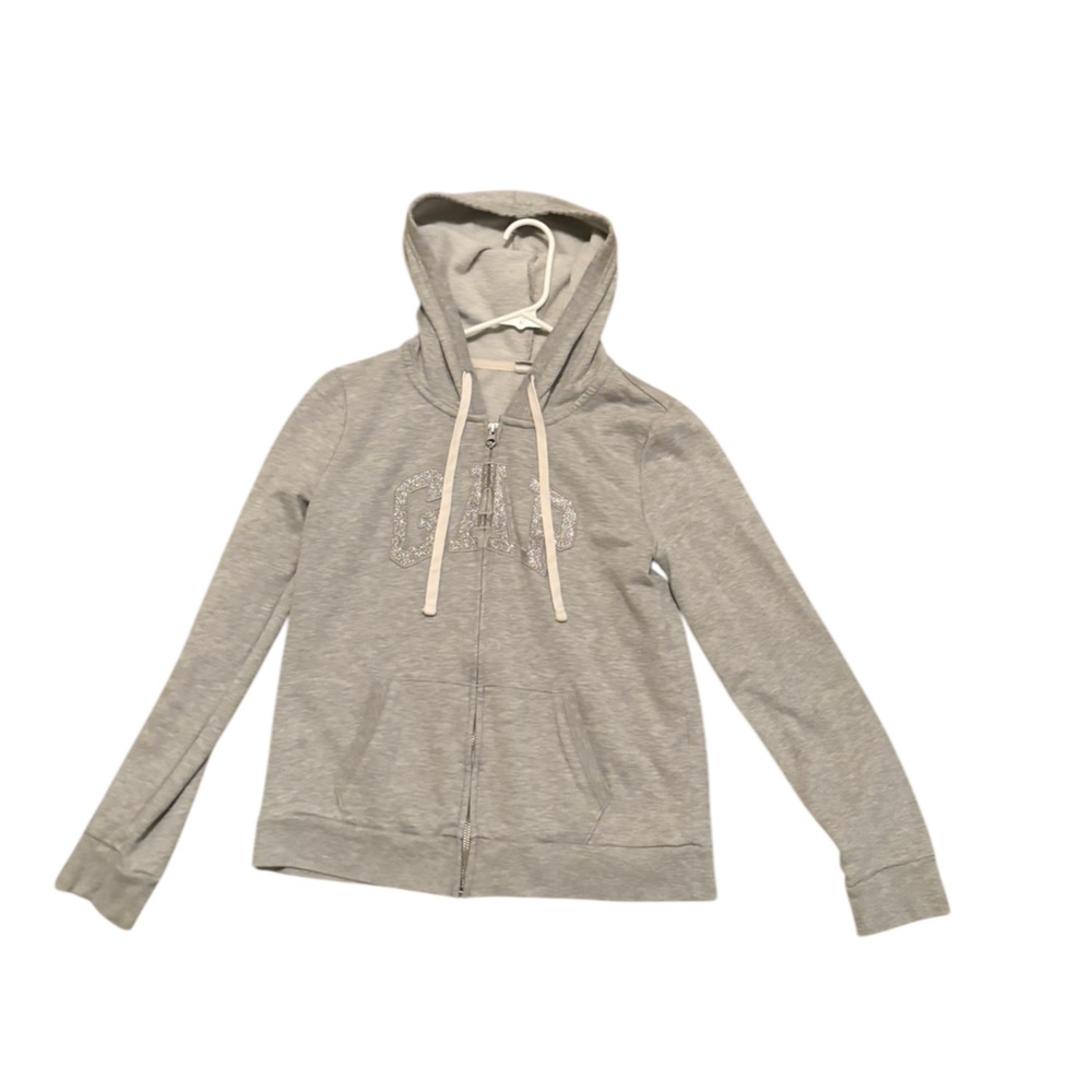 Grey GAP zip-up hoodie with sliver glitter letters size xs